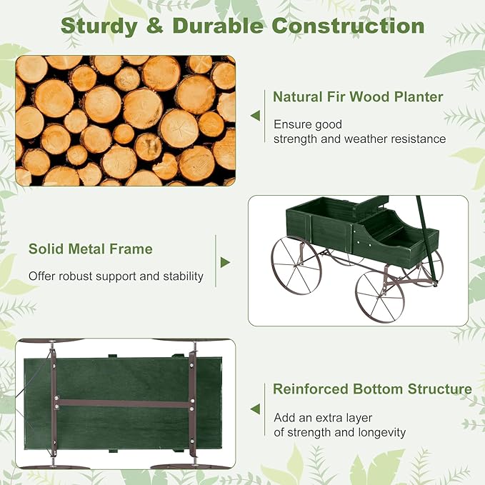 Wooden Wagon Planter, Decorative Garden Wheelbarrow Planter with 2 Planting Sections, Rolling Wheels, Adjustable Handle, Small Wagon Cart Planter Stand for Flowers Vegetables Herbs (Green)