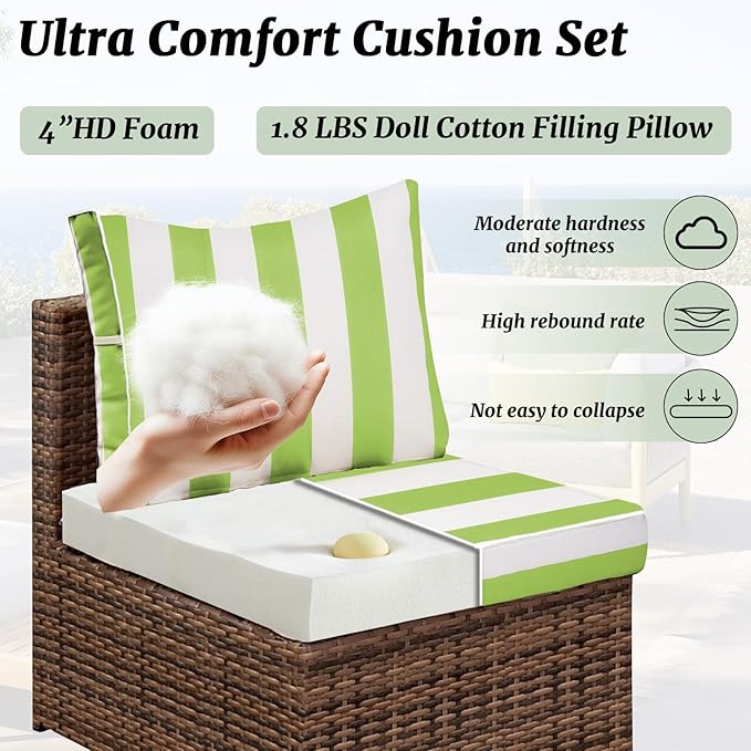 Outdoor Sectional Cushions Replacement Set, 26x26in Patio Furniture Cushions, 14 Pieces Waterproof Outdoor Couch Cushion for 6 Seat Wicker Conversation (Grass Green with White Stripes)