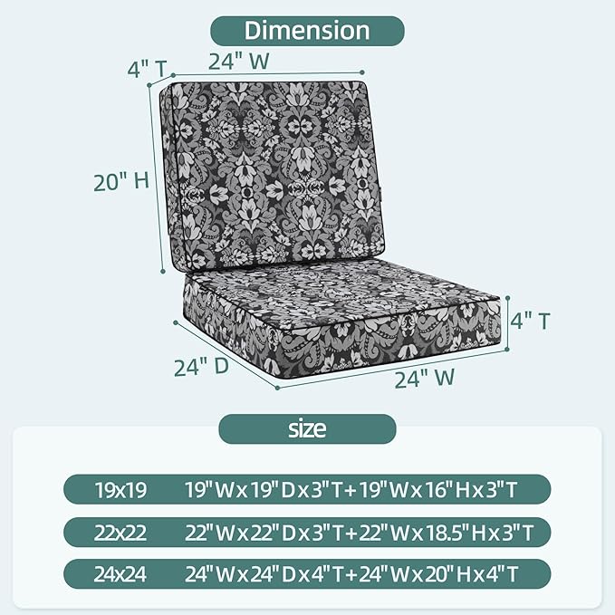 Favoyard Deep Seat Patio Cushion 24 x 24 x 4 in Waterproof Seat & Back Cushion Set with Color Fade Resisitant Pattern, Portable Handle, Attach Straps, Zipper on Removable Cover for Outdoor Furniture