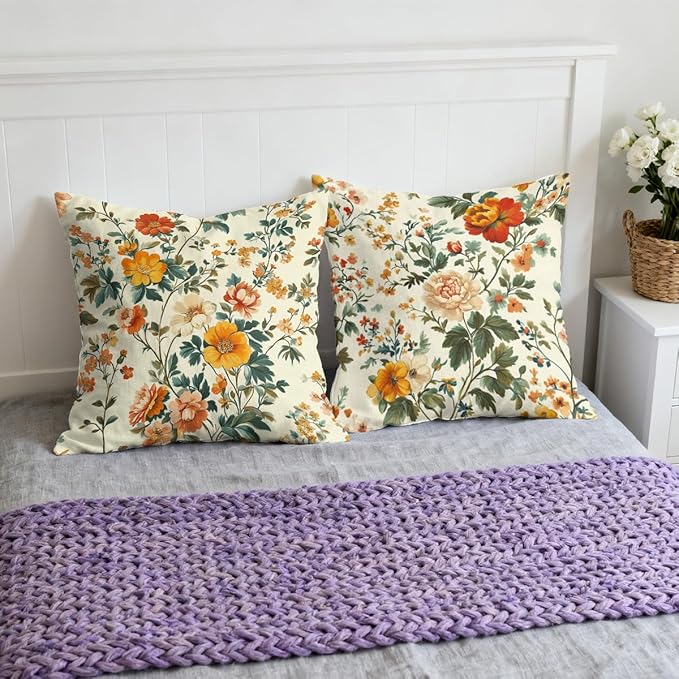 Flower Pillow Covers 18x18 inch Set of 4, Vintage Colorful Botanical Garden Rustic Elegance Throw Pillows Cover Sofa Couch Pillow Cases for Farmhouse Indoor Home Decor Decorations