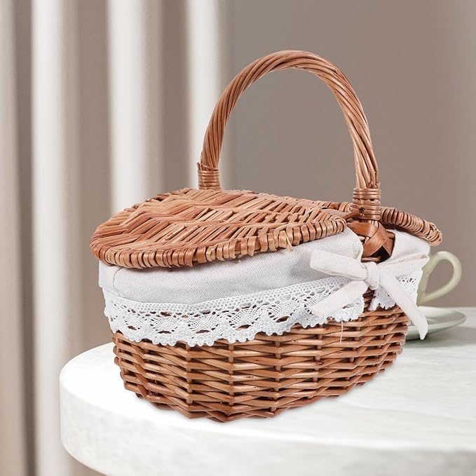 Large Wicker Picnic Basket with Lid and Handle, Sturdy Woven Picnic Basket with Liner, Fruit Bread Storage for Outdoor Camping, Easter Party, Garden Picking