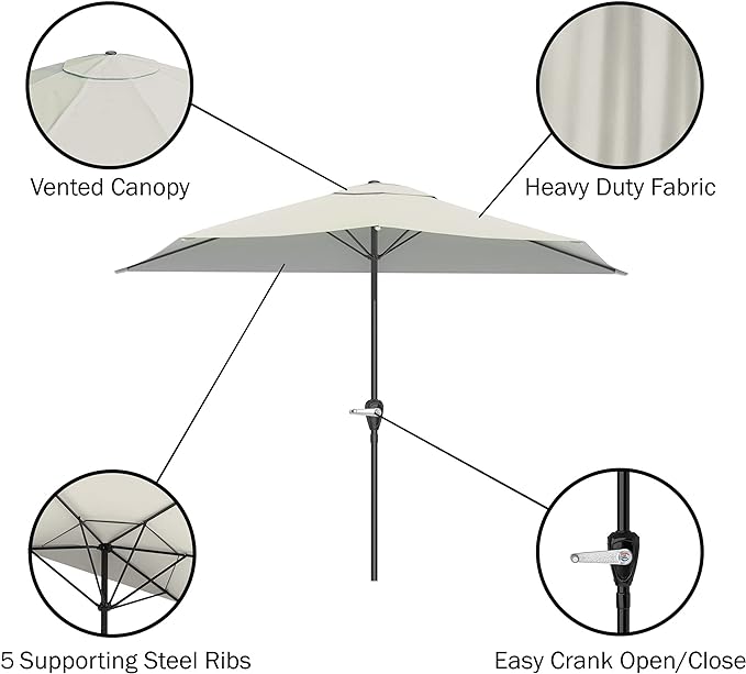 Half Umbrella Outdoor Patio Shade - 9 ft Patio Umbrella with Easy Crank - Small Canopy for Balcony, Table, or Deck by Pure Garden (Tan)