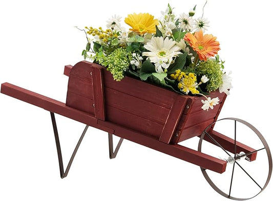 S AFSTAR Wood Wheelbarrow Planter, Flower Plant Pot Wheelbarrow Cart w/Metal Wheel & 9 Replaceable Magnet Accessories, Wooden Wagon Planter Wheelbarrow Decor for Outdoor Garden Backyard (Red)