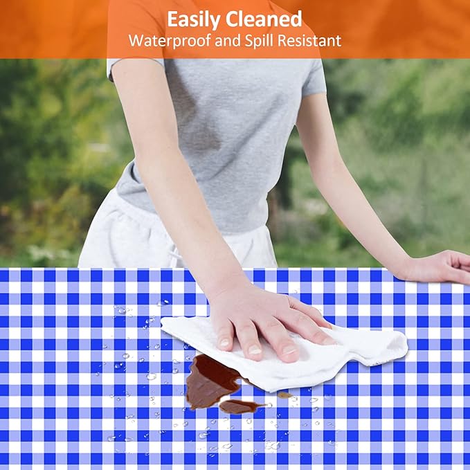 KENOBEE 8ft Picnic Table and Bench Cover, Camping Essentials RV Gear, 96 in Waterproof Windproof Outdoor Elastic All Around Tablecloth, Fitted Rectangle Tables and Seats, Blue-White Checkered