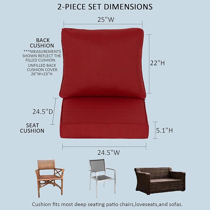24.5x24.5 Inch Outdoor Deep Seat Cushions Set of 2,Thick High-Density Foam, Water-Resistant, Corner Ties & YKK Hidden Zipper for Patio Furniture,Chili