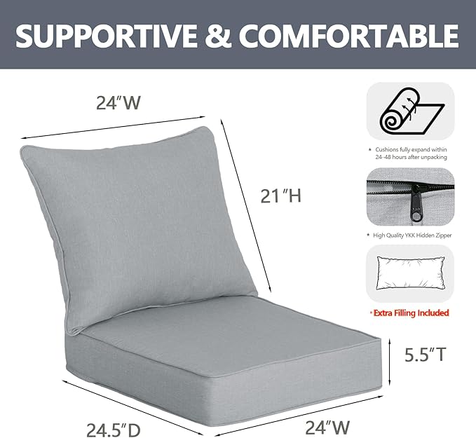 Goodgoods 24 x 24 Outdoor Patio Deep Seat Cushions 2-Pack, 1000+ Hours Fade-Resistant & Water-Resistant Outdoor Furniture Chair Cushions with 30D High-Resilience Foam for Sofa Chair, Stone Gray