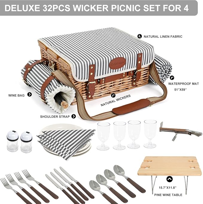 Multifunctional Wicker Picnic Basket Set for 4 with Blanket and Picnic Table, Insulated Picnic Set with Full Tablewares for Camping Outdoor Couples, Stripes