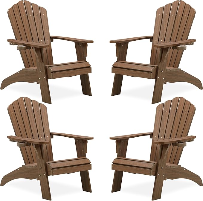 Psilvam Oversized Adirondack Chair, Fade-Resistant & Odor-Free Poly Lumber Fire Pit Chair with Cup Holder, Weatherproof Lawn Chair, Easy 15 Min Install Patio Chair, 350 Lbs Support (4, Light Brown)