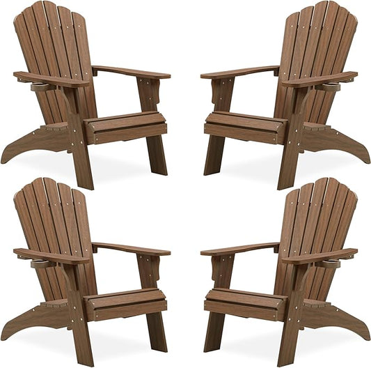 Psilvam Oversized Adirondack Chair, Fade-Resistant & Odor-Free Poly Lumber Fire Pit Chair with Cup Holder, Weatherproof Lawn Chair, Easy 15 Min Install Patio Chair, 350 Lbs Support (4, Light Brown)