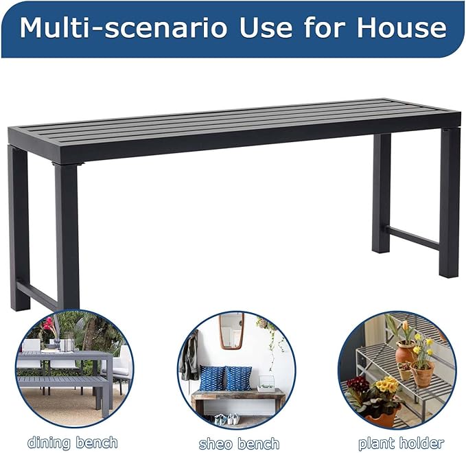 46" Outdoor Metal Backless Bench, All-Weather Patio Garden Bench for Backyard, Porch, or Lawn, Durable Steel Bench for Outdoor Spaces, Black