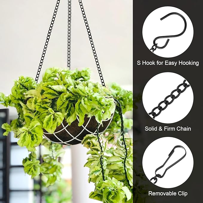 10-Pack Chain for Hanging Plants, 30cm(12 Inch) Adjustable Hanging Chain with Clips for Bird Feeder/Planter/Lantern/Wind Chime, Iron Basket Extender Hanger [Black]