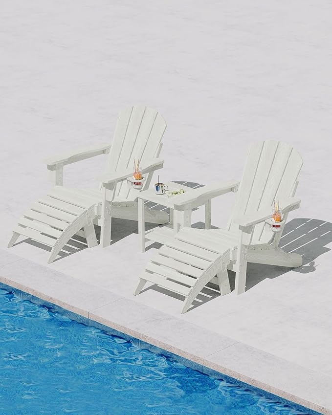 Folding Adirondack Chair Set of 5, All-Weather HDPE Outdoor Chair, Wooden Textured with Cup Holder for patios, Decks, Gardens, fire pits, White