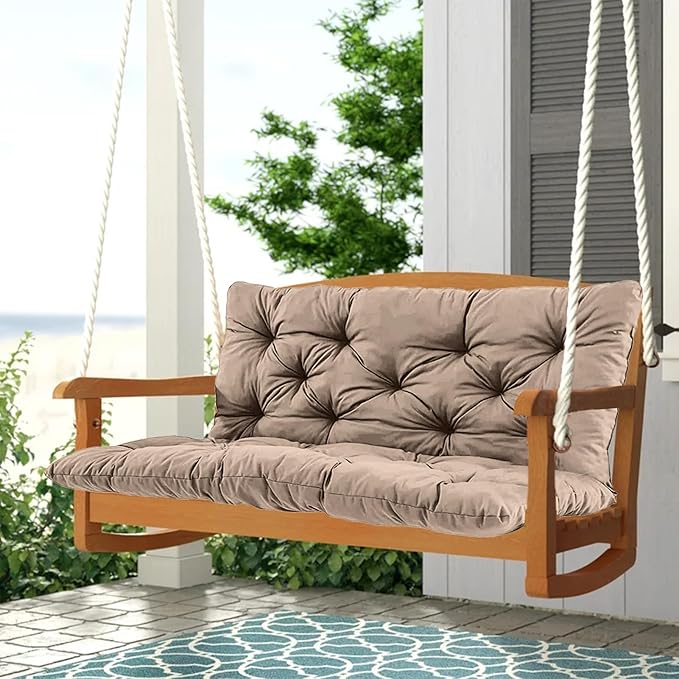 2-3 Seat Swing Replacement Cushion, Outdoor Bench Cushions with Backrest Thicken 4", Patio Furniture Garden Porch Loveseat Glider Pad Anti-Fading Waterproof (Khaki, 40x47in)