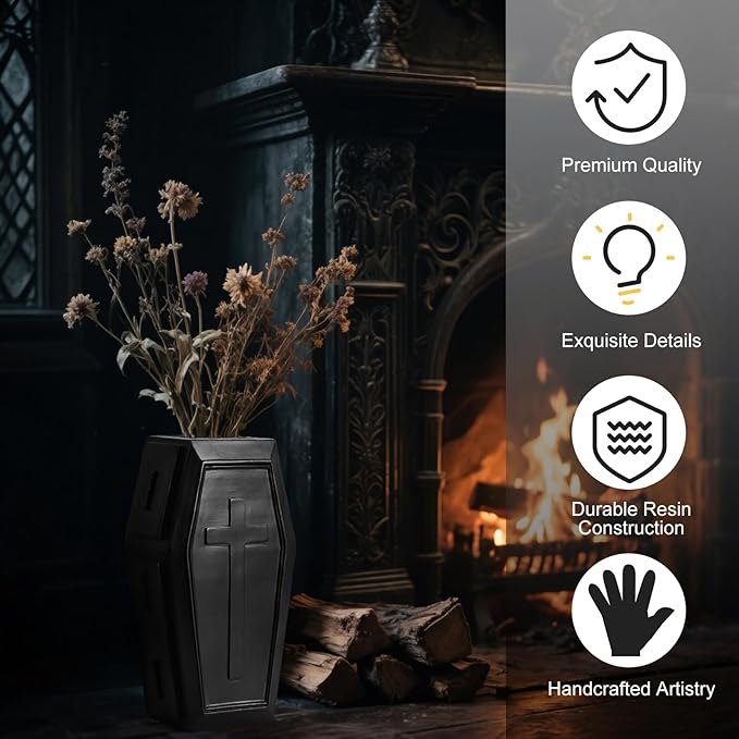 Coffin Vase for Flowers Gothic Home Decor Large Vase Makeup Brush Holder Planters for Indoor Plants Goth Room Decor Gothic Gifts (Black,Large)