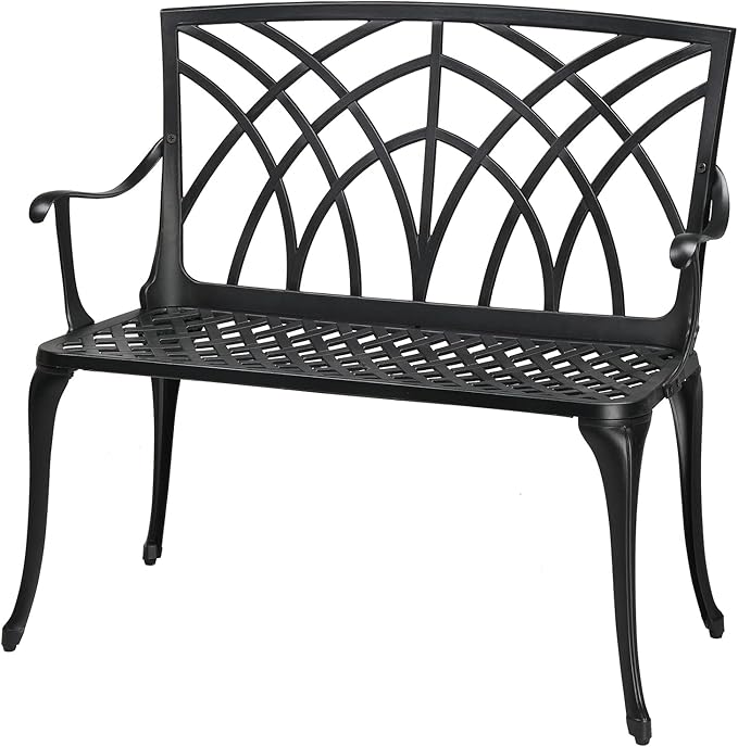 Outvita Outdoor Cast Aluminium Bench, 38" Weather Resistant Patio Bench with Orchid Pattern for Front Porch, Backyard, Lawn