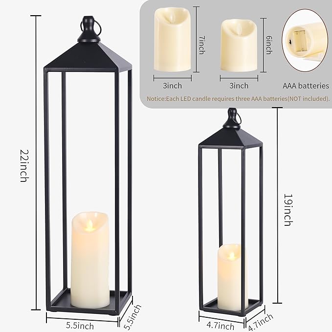 22'' 19'' Large Lanterns Decorative Outdoor Indoor, Set of 2 Black Metal Candle Lanterns Modern Farmhouse Floor Lanterns Decorative for Home Decor, Mantle, Fireplace, Patio, Porch, Garden