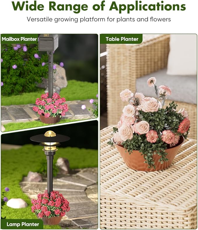 Koutemie 2-in-1 Umbrella Planter for Patio Table & Pole, Half Round Flower Planters Pots with Umbrella Hole Fits Poles Up to 2” Diameter, PVC Post Planter Wrap Around Umbrella for Garden, Brown