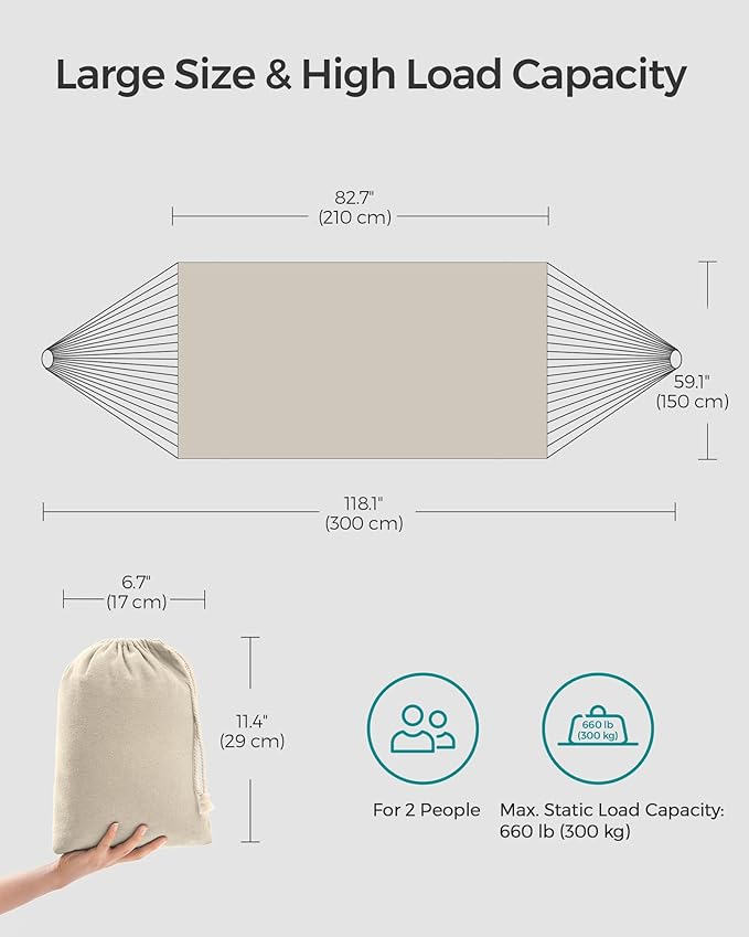 SONGMICS Double Hammock, 98.4 x 59.1 Inches, 660 lb Load Capacity, with Compression Bag, Mounting Straps, Carabiners, for Terrace, Balcony, Garden, Outdoor, Camping, Beige UGDC15M