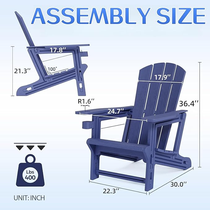 Adirondack Chair, All Weather Plastic Adirondack Chairs, Fire Pit Chairs with Cup Holder, Outdoor Lawn Chair for Patio, Garden, Backyard, Navy Blue