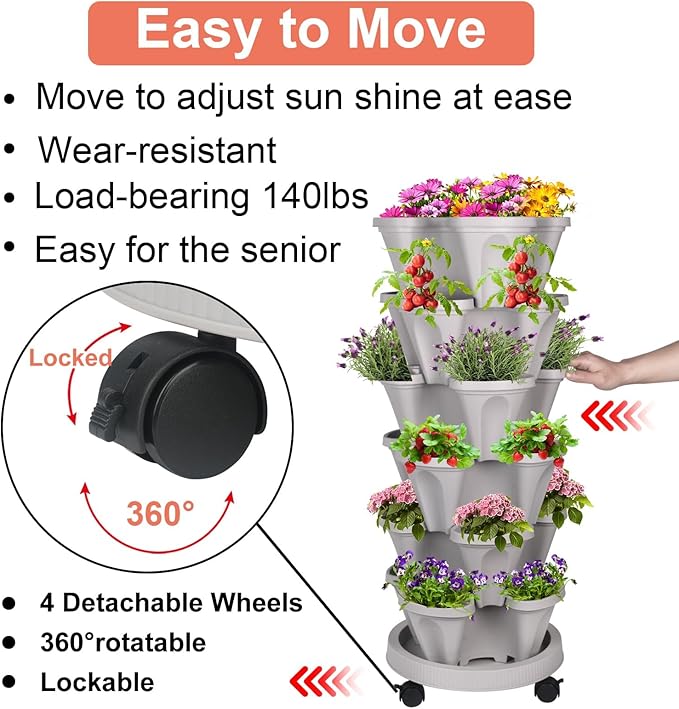 GameXcel Vertical Planter Tower- 6 Tier Stackable Garden Planter with Wheels and Tool Set – Grow Strawberries Herbs Flowers and Vegetables - Indoor Outdoor Use Gray