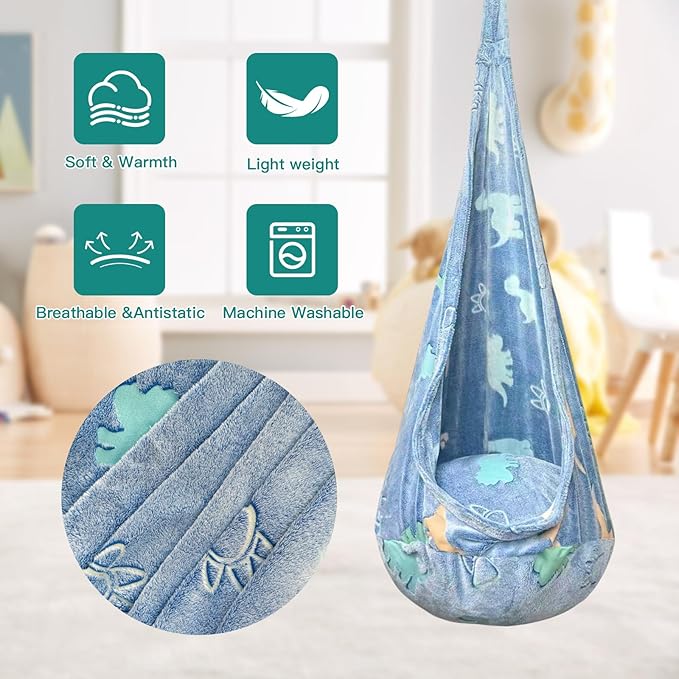 Kids Pod Swing Seat, Flannel Sensory Swing Chair Nightglow with PVC Inflatable Cushion, Hanging Hammock Chair for Indoor＆Outdoor Use (Blue (Dinosaur))