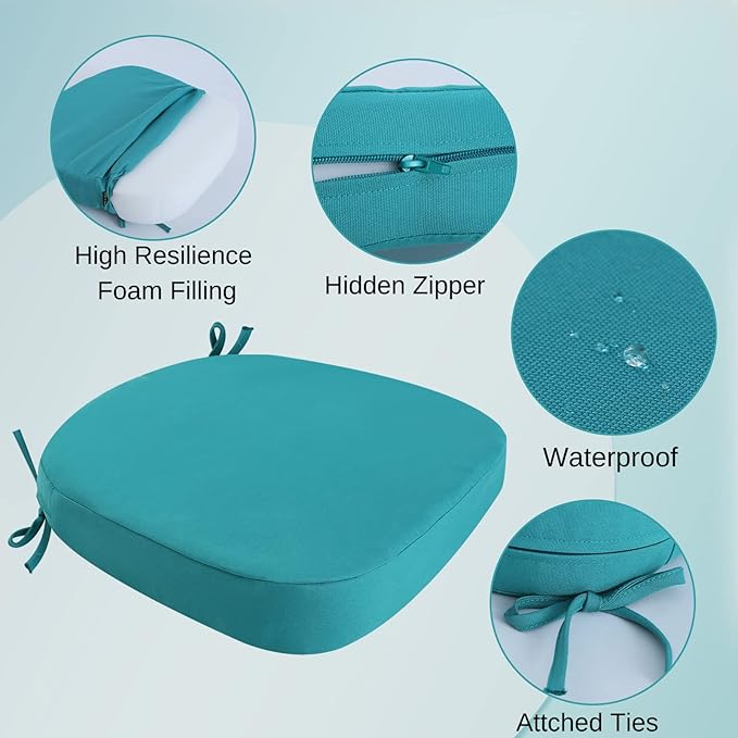 idee-home Outdoor Chair Cushions Set of 4, 17" x 17" x 3" Thick D-Shaped Patio Furniture Outdoor Seat Cushions Waterproof with Ties, Dining Pads