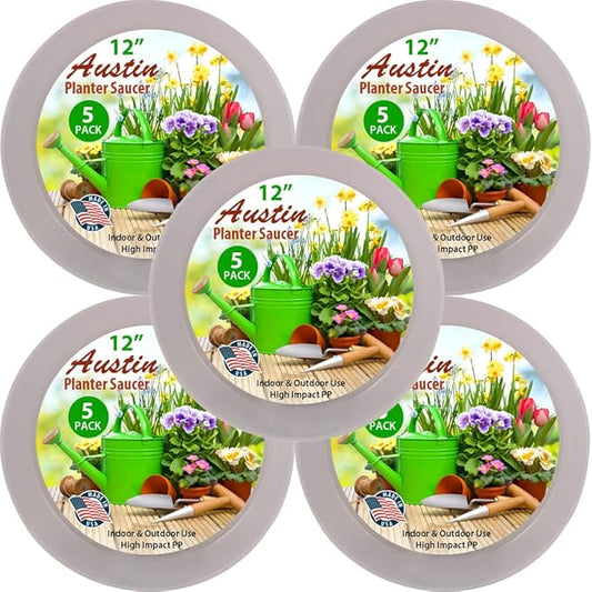 21 Inch (19 Inch Base) Case of 5 Plant Saucers - White Granite Colored Polypropylene - Heavy Duty Indoor/Outdoor- Collects Flower Pot Drainage and Excess Water - Made in USA