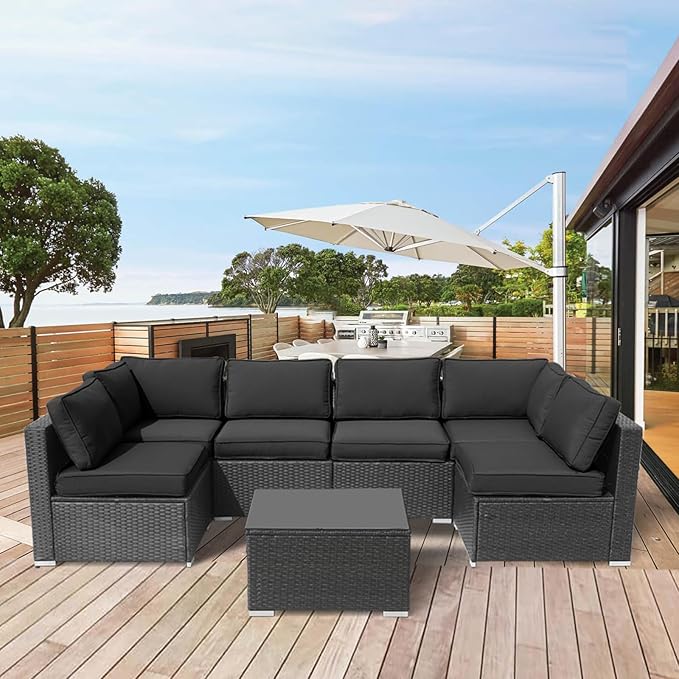 Patio Furniture Cushions,14Pieces Water-Resistant Outdoor Replacement Cushions,Sectional Sofa Cushions for Fits 6-Seats Rattan Wicker Patio Conversation Sets(Black)