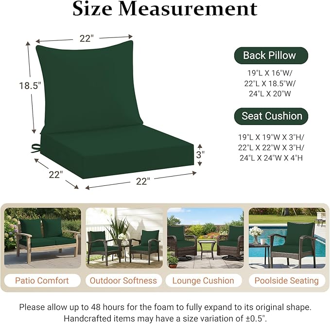 downluxe 22x22 Outdoor Chair Cushions, Waterproof Fade Resistant Patio Furniture Cushions with Handle & Removable Cover, Deep Seat Outdoor Cushions for Sofa, Couch and Patio Chairs, Forest Green