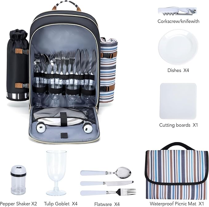 Trolley Picnic Backpack for 4 Person - Blanket & Tableware Set, Detachable Wine Pouch - Ideal for Beach, BBQ, Camping, Trip, Park, Gifts for Friends, Adventures, Patio, Lawn, Garden