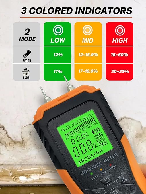 Mecurate Digital Pin Type Wood Moisture Meter with 3 Colored Indicators, Moisture Detector 2 Mode 8 Calibration Large Backlit for Wood, Wall, Firewall (Orange)