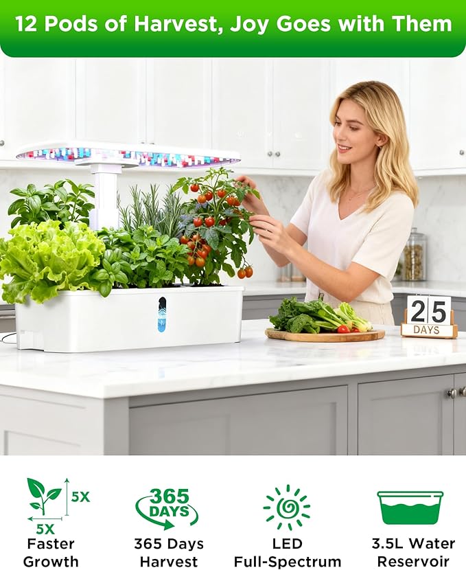 Hydroponics Growing System Kits, Controlled Smart Indoor Garden with LED Grow Light Full Spectrum, 12 Pods Plant Germination Kit, with Mini Quiet Pump, for Vegetables and Herbs, Height Adjustable