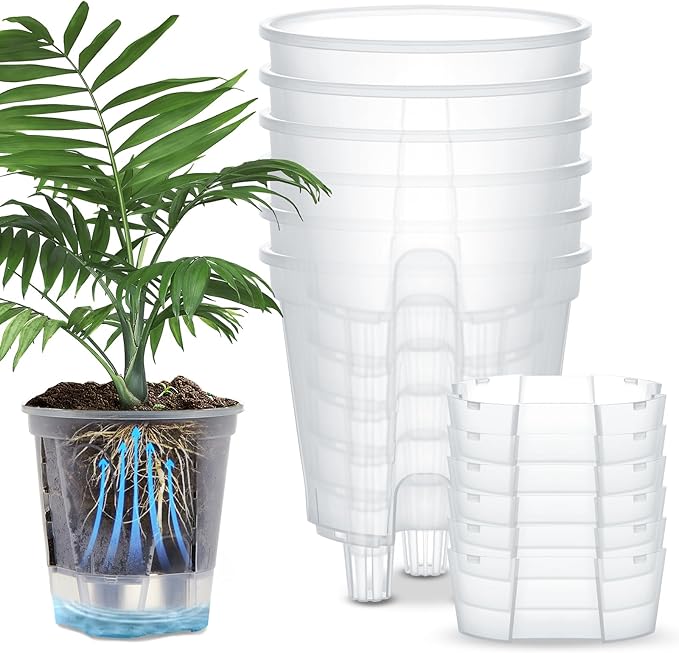 Self Watering Pots for Indoor Plants with Deep Reservoir and High Drainage Holes for Outdoor Plants and Flowers, Bare Root Planter(7.09'',Clear,6 Pcs)