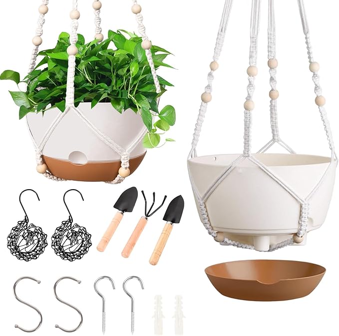 Hanging Planters for Indoor Plants, 2 Pack 8 Inch Self Watering Hanging Pots for Plants with Drainage Holes, Indoor Outdoor Hanging Flower Pots for Home Garden Ceiling Decor (White)