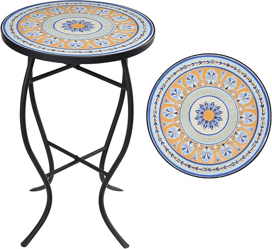 VCUTEKA Mosaic Side Table, 21" Round End Table with 14" Ceramic Tile Top, Patio Accent Table Indoor and Outdoor End Table for Yard, Garden, Living Room, Bistro Balcony or Lawn