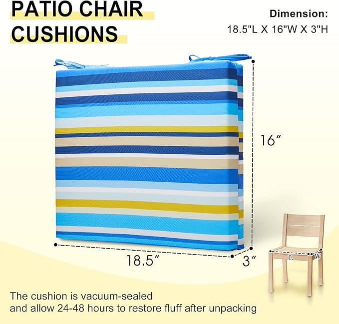 downluxe Outdoor Chair Cushions Set of 4 for Patio Furniture, Water-Resistant Square Corner Patio Chair Cushions with Ties, High Density Foam Outdoor Seat Cushion, 18.5" X 16" X 3", Blue Stripes