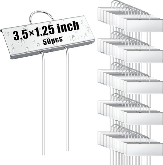 Landhoow 50 Pcs Large Garden Plant Markers Metal Plant Labels Sign 3.5'' x 1.25'' with 6'' Stake Weatherproof Waterproof Garden Sign for Outdoor Seedlings Herbs Vegetable Greenhouse, Silver