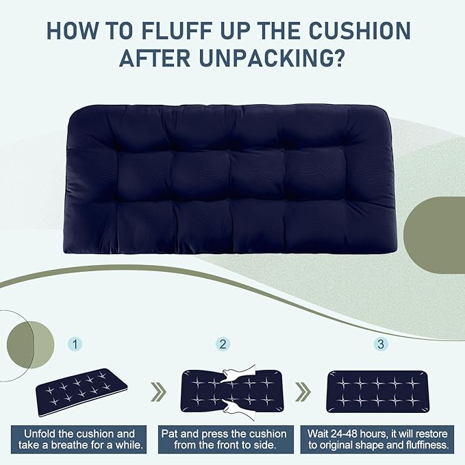 downluxe Outdoor Bench Cushion for Patio Furniture, Waterproof Tufted Overstuffed Porch Swing Cushions, Thick Outdoor Loveseat Cushions, 48" X 18" X 5", Navy, Set of 1