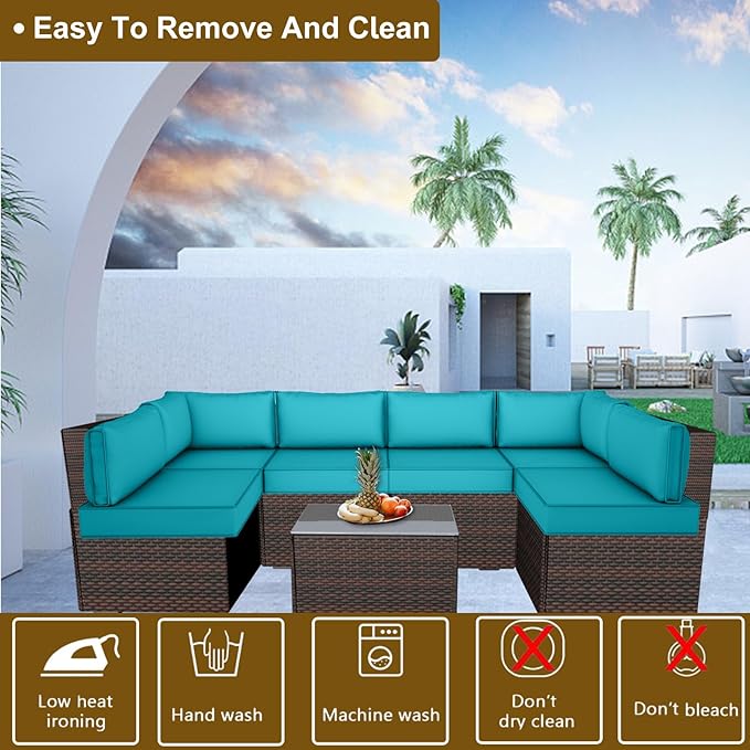 14 Piece Outdoor Patio Cushion Cover Replacement, Waterproof Patio Cushion Covers, Outdoor Furniture Cushion Covers Set for 6 Seat Wicker Rattan Sofa (Blue)