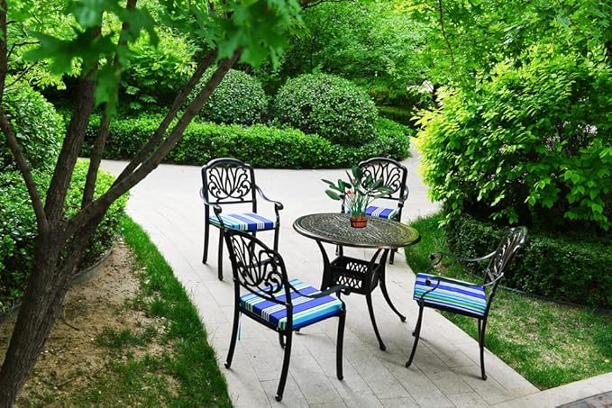 Indoor/Outdoor Chair Cushions Set Of 4 Waterproof,Square Corner Outdoor Cushions For Patio Furniture - Patio Chair Cushions With Ties,Memory Foam Oudoor Cushions17"X17", Blue Stripes