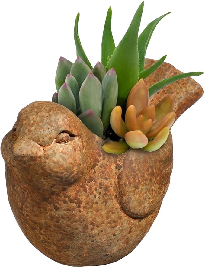 Classic Home and Garden Cement Buddies Animal Planter - Cute Desk Decoration - UV Coated Animal Vase w/Removable Drain Plug - Succulent Planter for Indoor/Outdoor Use (Bird Planter, Rust, Small)