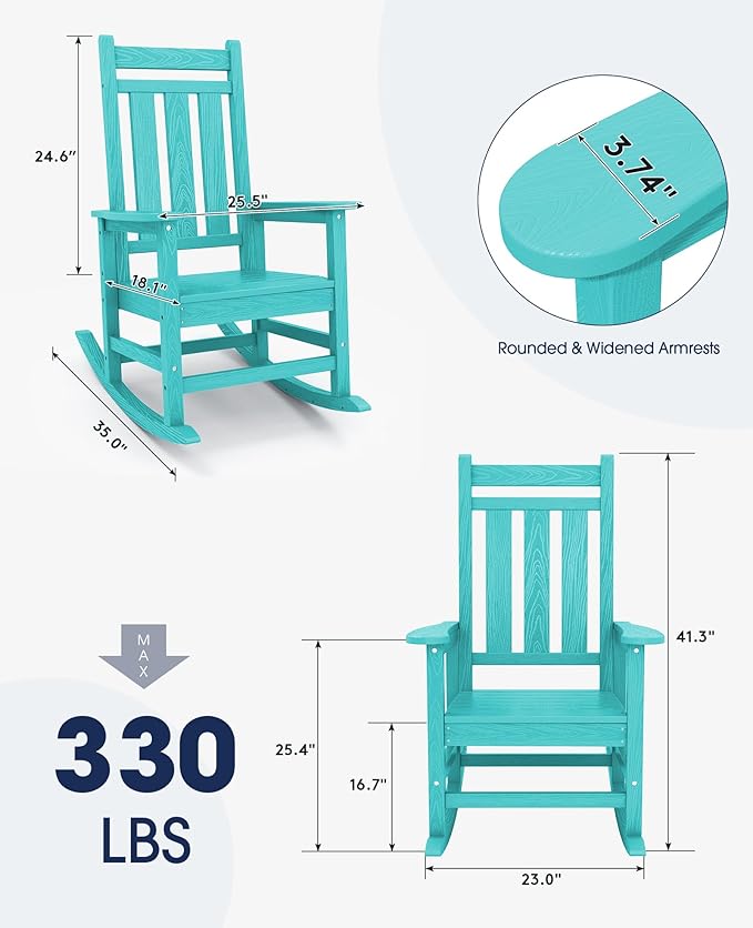 KINGYES Outdoor Rocking Chair, All-Weather Patio Rocking Chairs for Porch, HDPE Rocking Outdoor Chairs with High Back for Adult, Heavy Duty Outdoor Patio Rockers for Garden, Lawn, Aruba