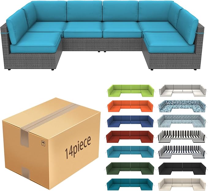 14 Pcs Outdoor Replacement Cushions for Patio Furniture, All Weather Water Resistant Cushion for 6 Seat Rattan Wicker Sectional Patio Conversation Sets and Couch (Lake Blue)