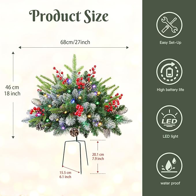 Set of 2 18 Inch Lighted Outdoor Christmas Tree with Remote, Timer, Multi-Color Lights, Battery Operated Pre-lit Frosted Pathway Artificial Urn Filler, Christmas Porch Decorations for Home Porch Yard