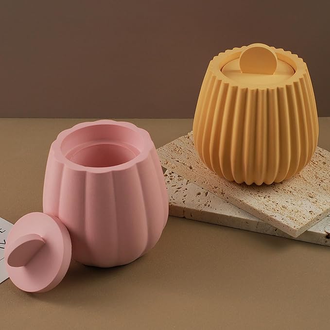 Storage Box with Lids, Silicone Candle Jar Molds Set, Creative Vessels Pot Molds, Concrete Round Stripe with Cover Bottle Making Moulds for Storage Holder (R-2Pcs)