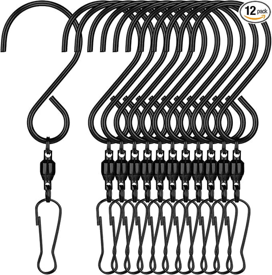 12 Pack Swivel Hooks Clip Spiral Hanging Chain Hook 360 Degree Dual Windsock Clip for Hanging Bird Feeder House Planters Basket Birdbath Wind Spinner Chimes Crystal Twisters Party Supply(black)