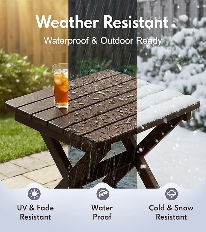 PASAMIC Folding Outdoor Side Table, HDPE Adirondack Patio End Table, Portable, No Assembly, Weather-Resistant for Camping, RV, Poolside, Garden, Indoor & Outdoor Use (Brown)