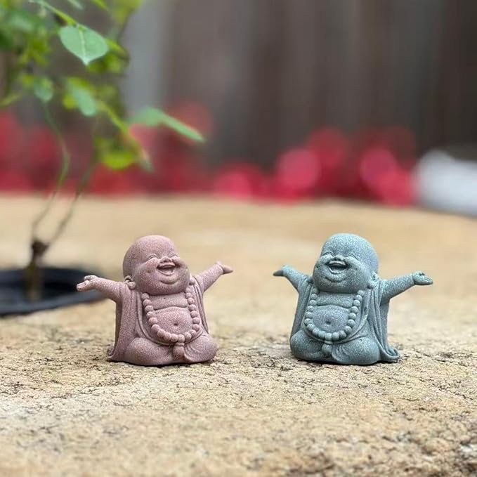 OwMell Japanese Jizo Monk Statue, Buddha Jizo Figurine Memorial Aquarium Statue Ornament - Laughing Buddha Small