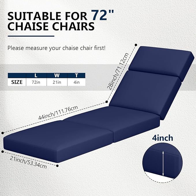 4 Pcs Chaise Lounge Cushions Outdoor, 72 x 21 x 4 Inch Lounge Chair Cushions for Outdoor Furniture - Waterproof Lounge Patio Replacement Cushion, 4In Fade-Resistant ThickPatio Chaise Lounge Cushion