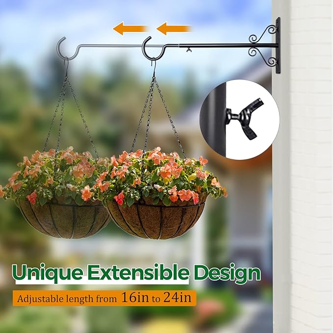 BOLITE 18023 Bird Feeder Hanger(16 to 24 Inch), Adjustable Hanging Plant Brackets, Plant Hangers for Hanging Bird Feeders, Planters, Lanterns, Wind Chimes, String Lights, 2 Pack, Black